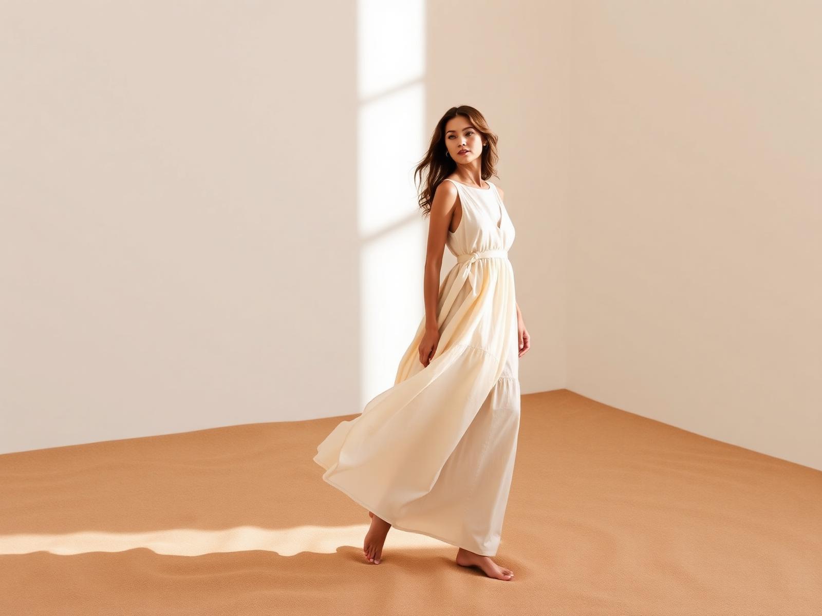 Modelo com vestido fluido em estúdio iluminado